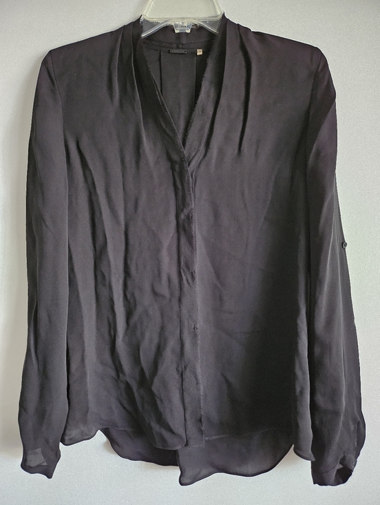 Elie Tahari Tops - Elie Tahari Womens Silk Blouse XS Black V Neck Roll Tab Slv Frayed Accent Flowy